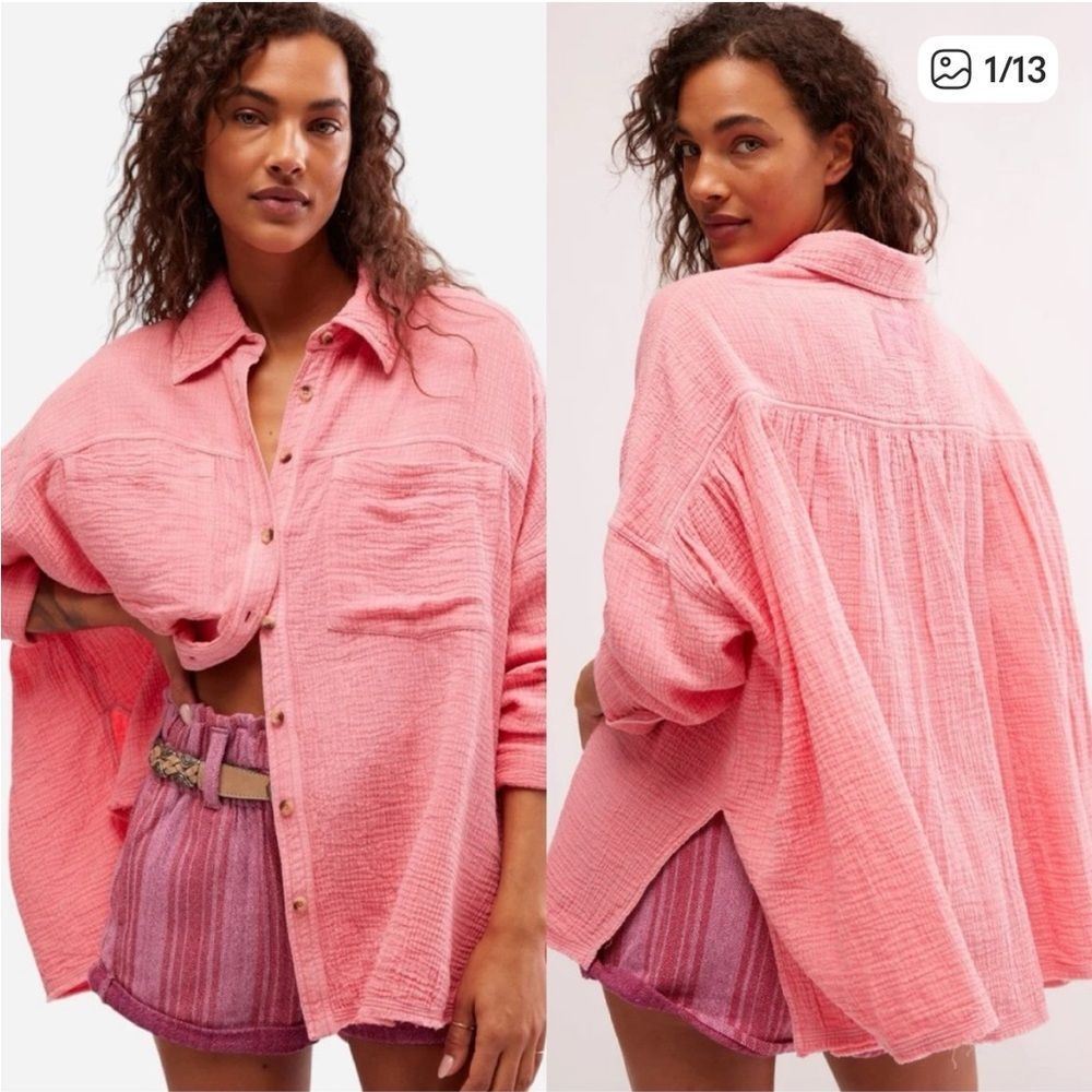 Free People Cardiff Cotton Gauze Button Up Shirt Pinky Promise Womens Large